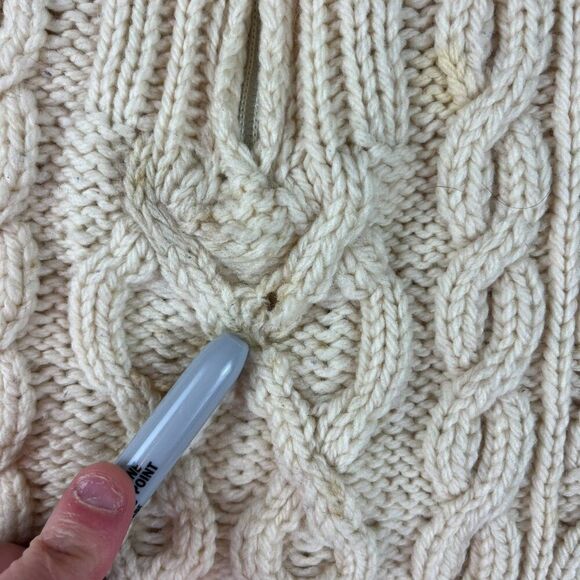 Aran Crafts 100% Wool Cable Chunky Knit 1/4 Zip Sweater Mock Neck Cream L *Read - Picture 6 of 15